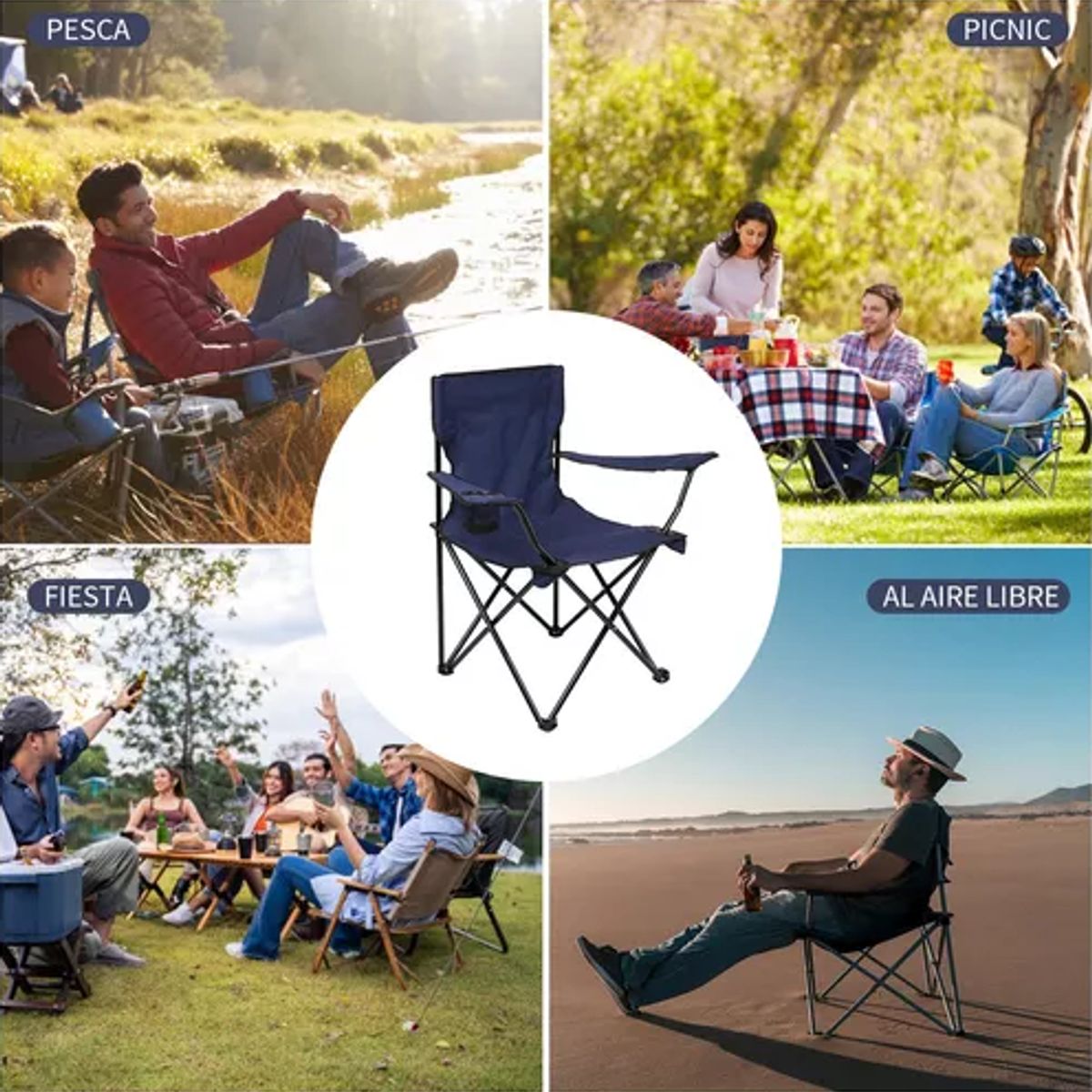 GENERICO - Silla plegable de camping con bolso de porta vasos azul