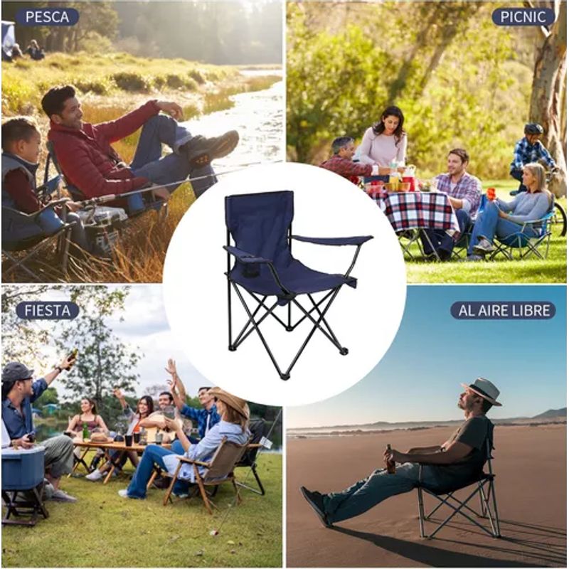 GENERICO - Silla plegable de camping con bolso de porta vasos azul