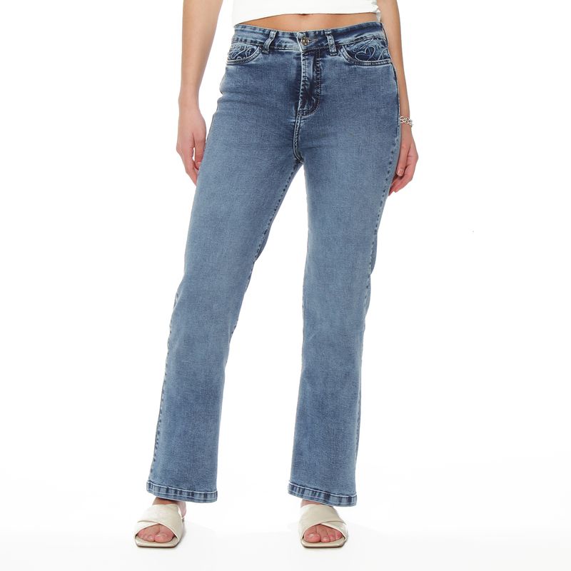 WADOS - JEANS RECTO TIRO ALTO PRETINA BASICA 1 BOTON APLICACION BORDADO