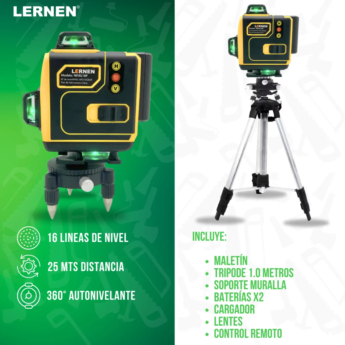 LERNEN - Nivel Laser Profesional 16 Líneas + Maletín + Trípode + 2 Baterías
