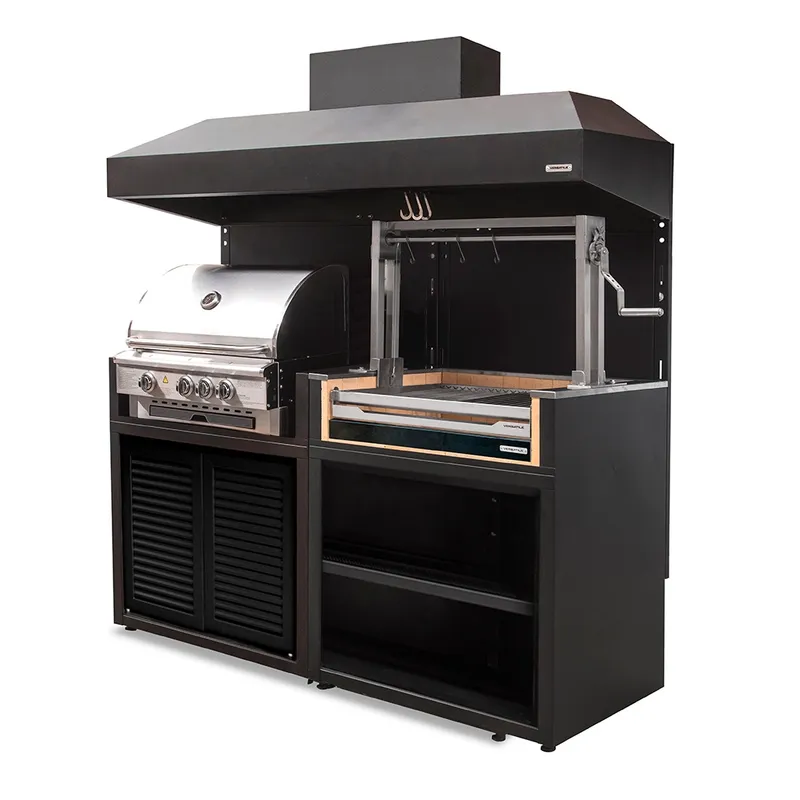VERSATILE - Parrilla Doble Carbón -Gas  900  / Gas  Puertas  Acero + Campana
