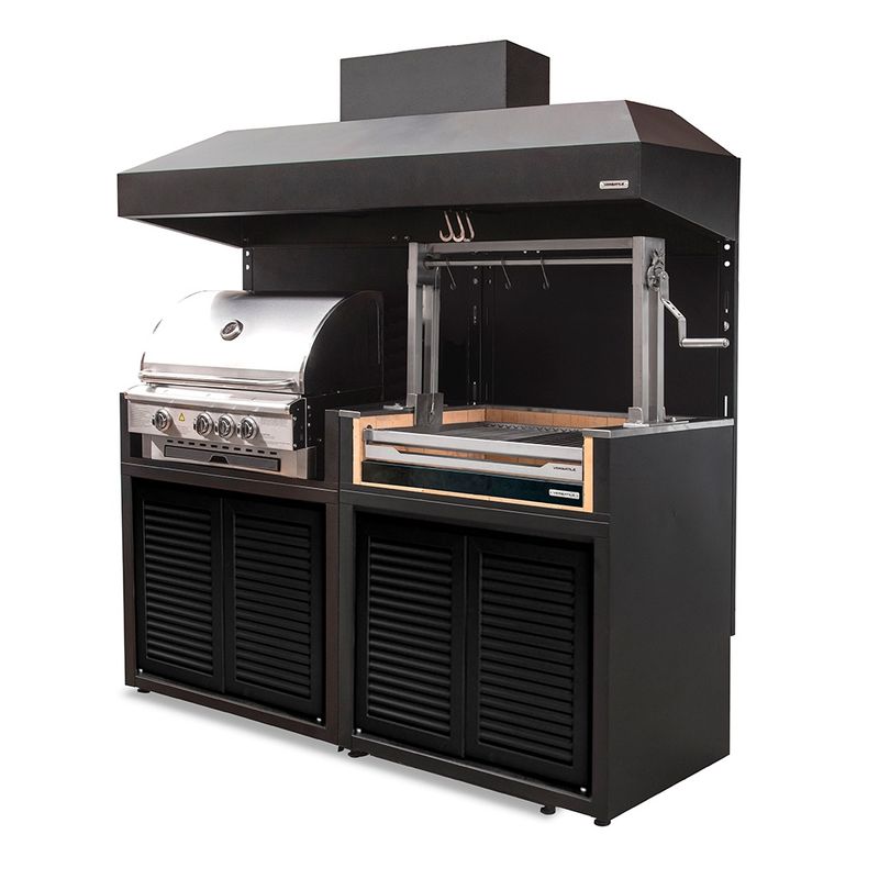 VERSATILE - Parrilla Doble  900  /Carbón + Gas con  Puertas  Acero + Campana