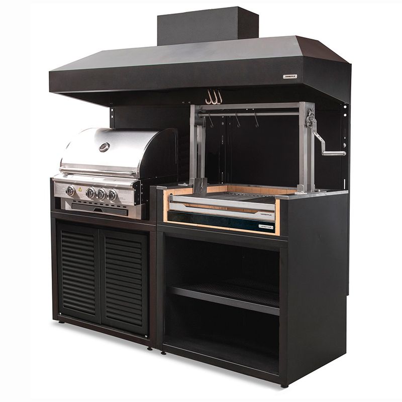 VERSATILE - Parrilla Doble  Carbón -Gas (900 -1065) Gas  Puertas  Acero + Campana