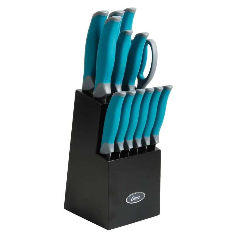 OSTER - Set Cuchillos acero inoxidable Lindbergh 14 pcs mango azul y taco de madera negro