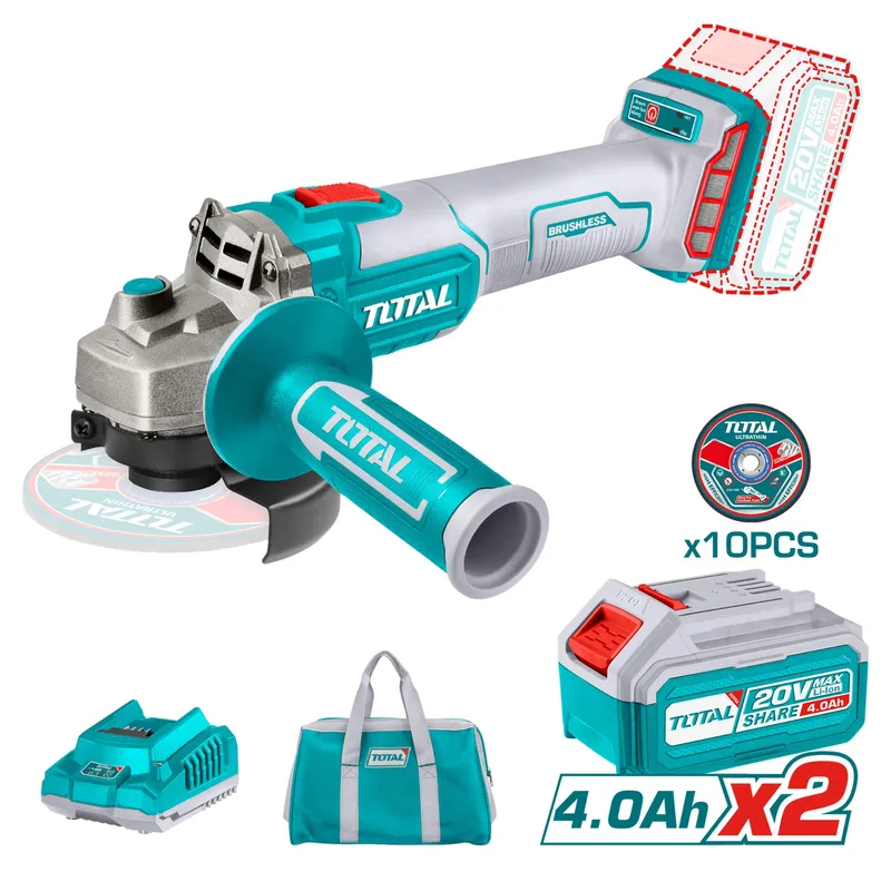 TOTAL TOOLS - Esmeril Angular Inalámbrico 20V 115 mm con Batería, Cargador y Bolso Total
