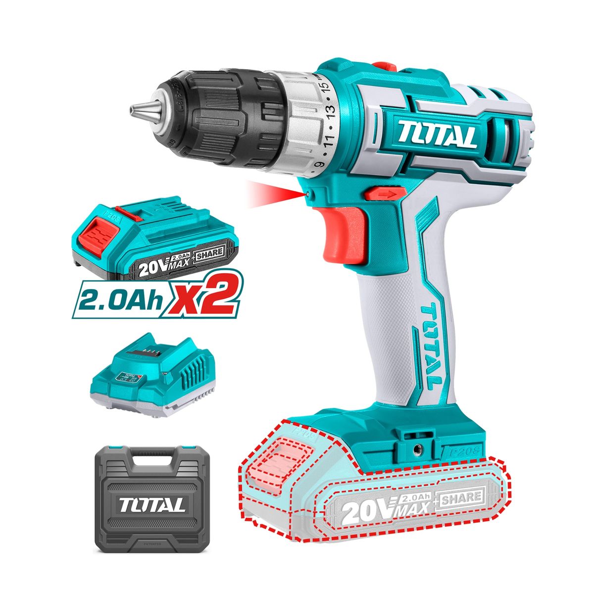 TOTAL TOOLS - Taladro Inalámbrico 20V 10 mm 45NM Litio Ion Total