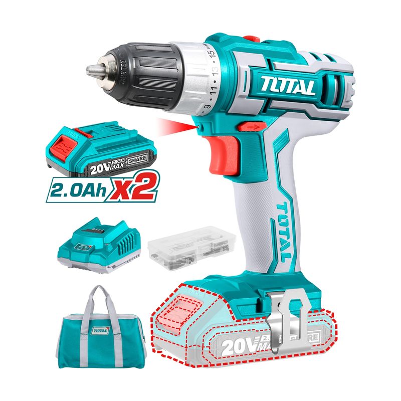 TOTAL TOOLS - Taladro Inalámbrico 20V 10 mm Litio Ion, 2 Baterías y Cargador Total