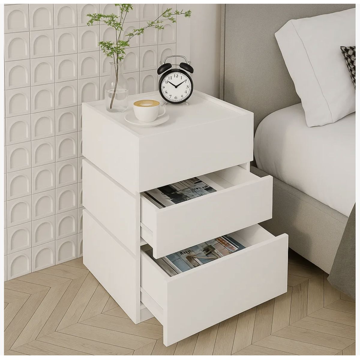 HOMER DESIGN - Velador Vanguardia Combinable 3 Cajones 45x70x34cm Melamina