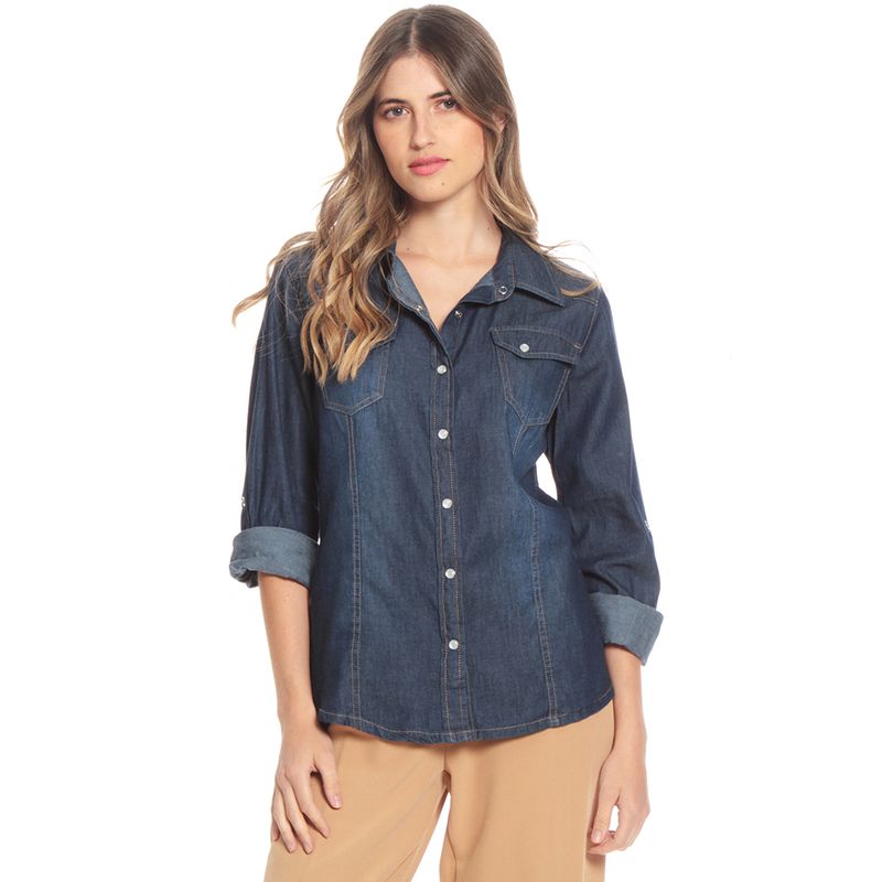 WADOS - BLUSA MANGA LARGA AJUSTABLE DEMIM CON BOLSILLOS Y TAPETA