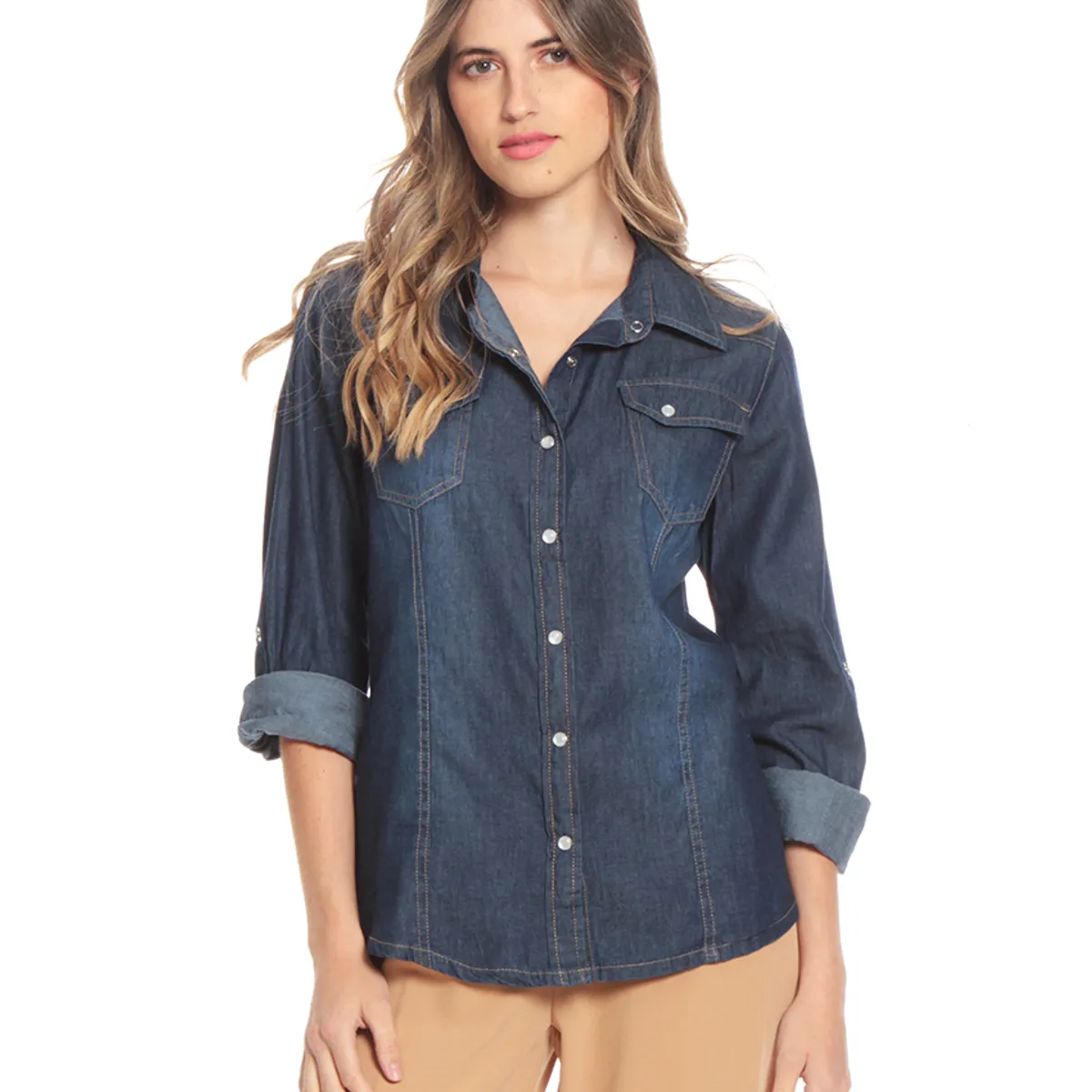 WADOS - BLUSA MANGA LARGA AJUSTABLE DEMIM CON BOLSILLOS Y TAPETA