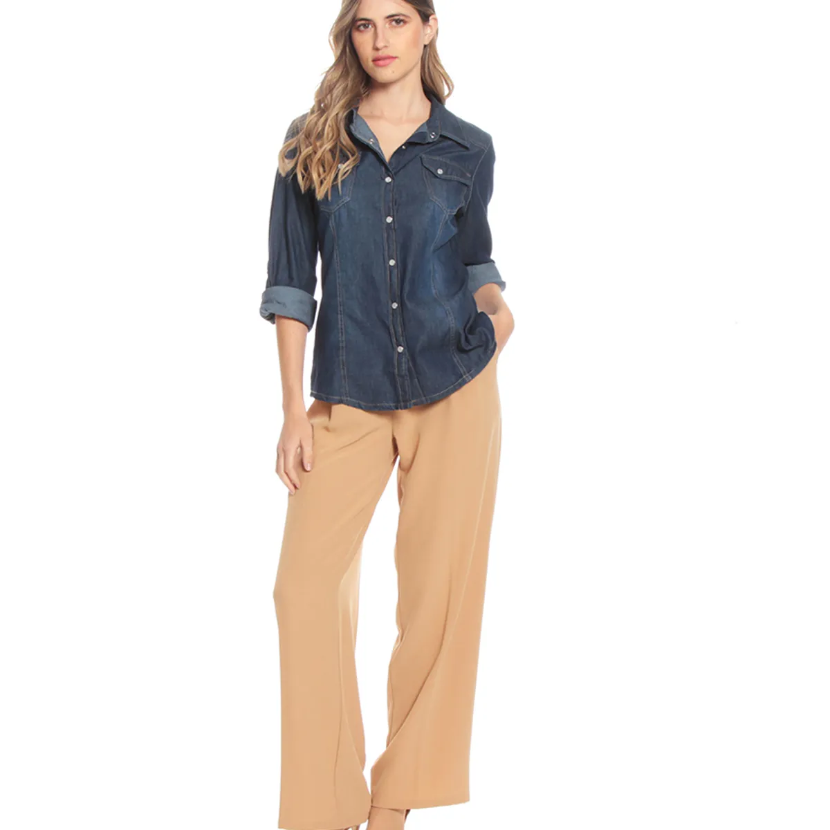 WADOS - BLUSA MANGA LARGA AJUSTABLE DEMIM CON BOLSILLOS Y TAPETA
