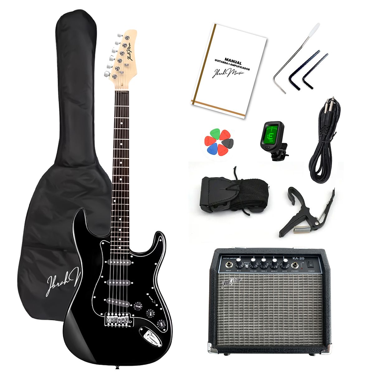 IBRAH - Guitarra Eléctrica Strato Ibrah + Amplif + Accesorios Negra.