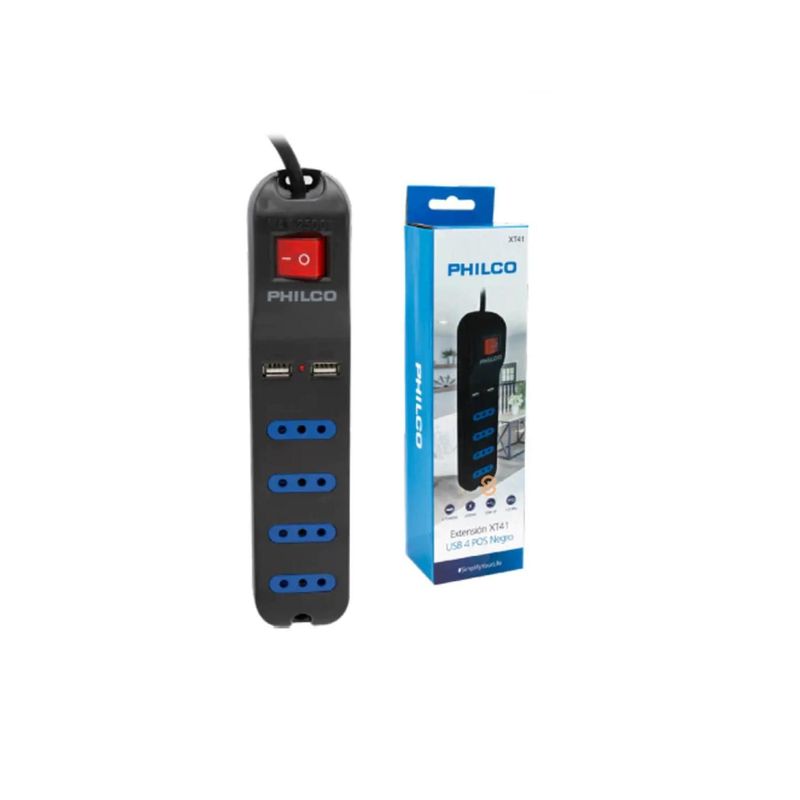 PHILCO - Alargador Eléctrico 4 Pos y 2Usb 2500W Negro Philco - SC