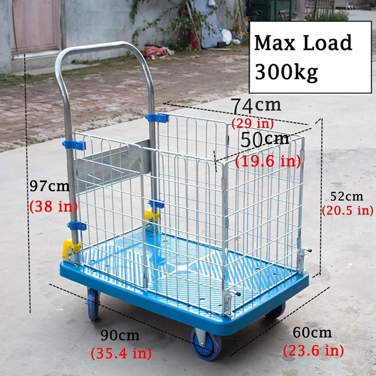 RAGNAR - Carro De Carga Industrial Plataforma Con Reja 300kg 90x60cm Azul