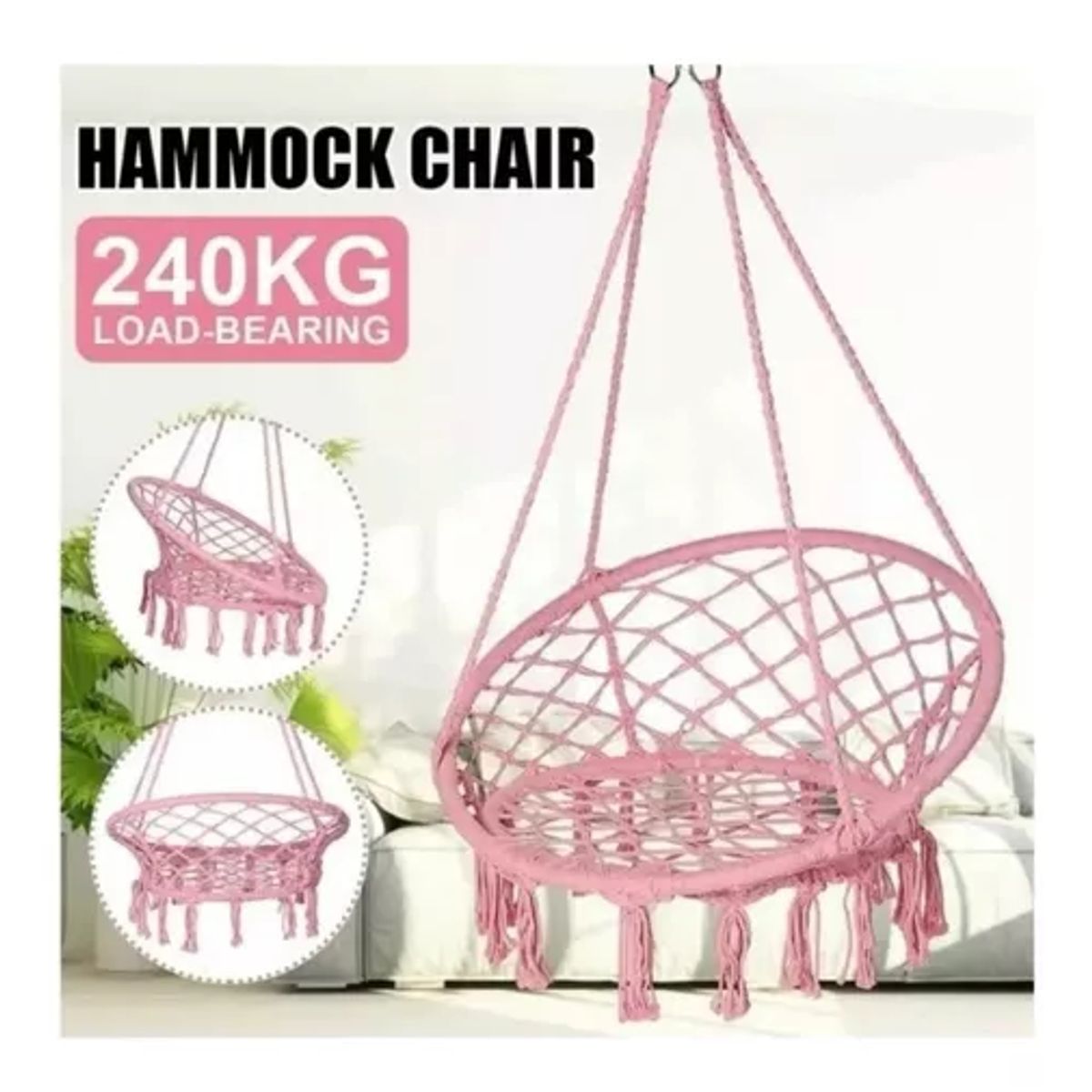 GENERICO - Silla hamaca colgante para terraza o jardín color rosado