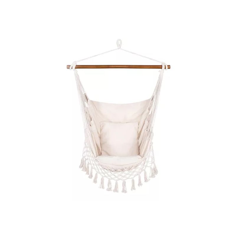GENERICO - Silla hamaca colgante con soporte de madera y cojines blancos