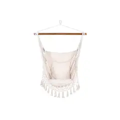 GENERICO - Silla hamaca colgante con soporte de madera y cojines blancos