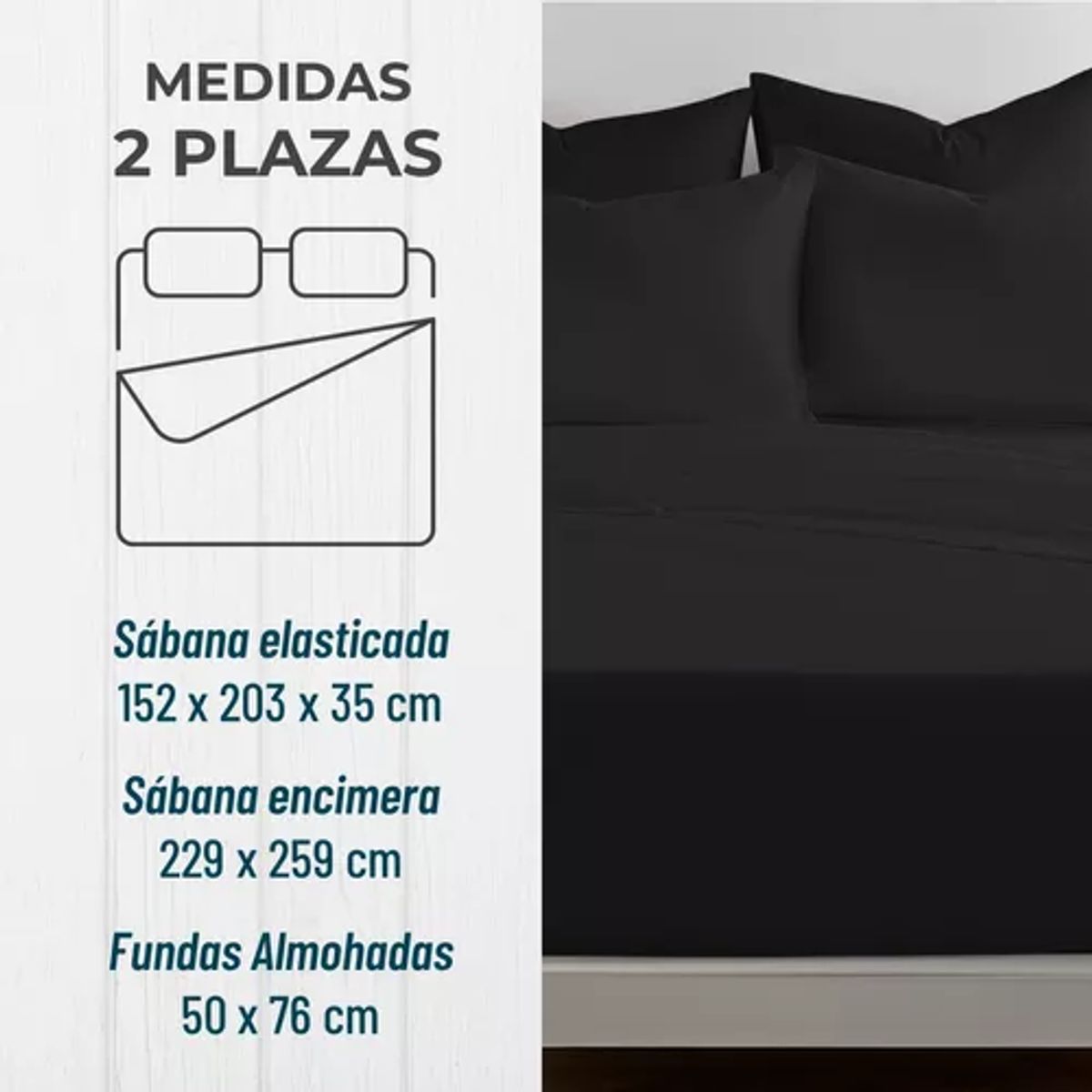 GENERICO - Sábana 1800 ultra suave + funda bordada 2 plazas color negro
