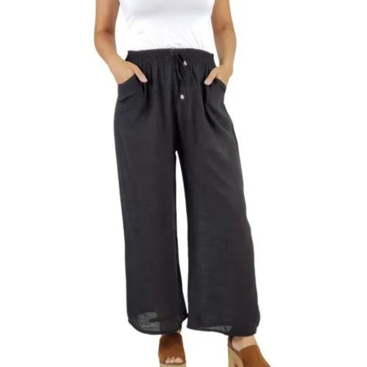 LOOK SHOP - Pantalón Lino Mujer. Palazzo Algodón Cintura Elasticada 462