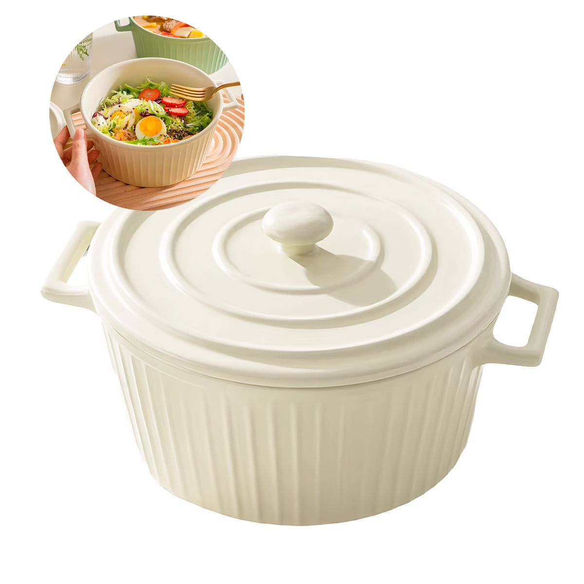 GENERICO - Cacerola Cuenco Olla Cerámica 21x95 Cm Tapa Cocina Color Crema