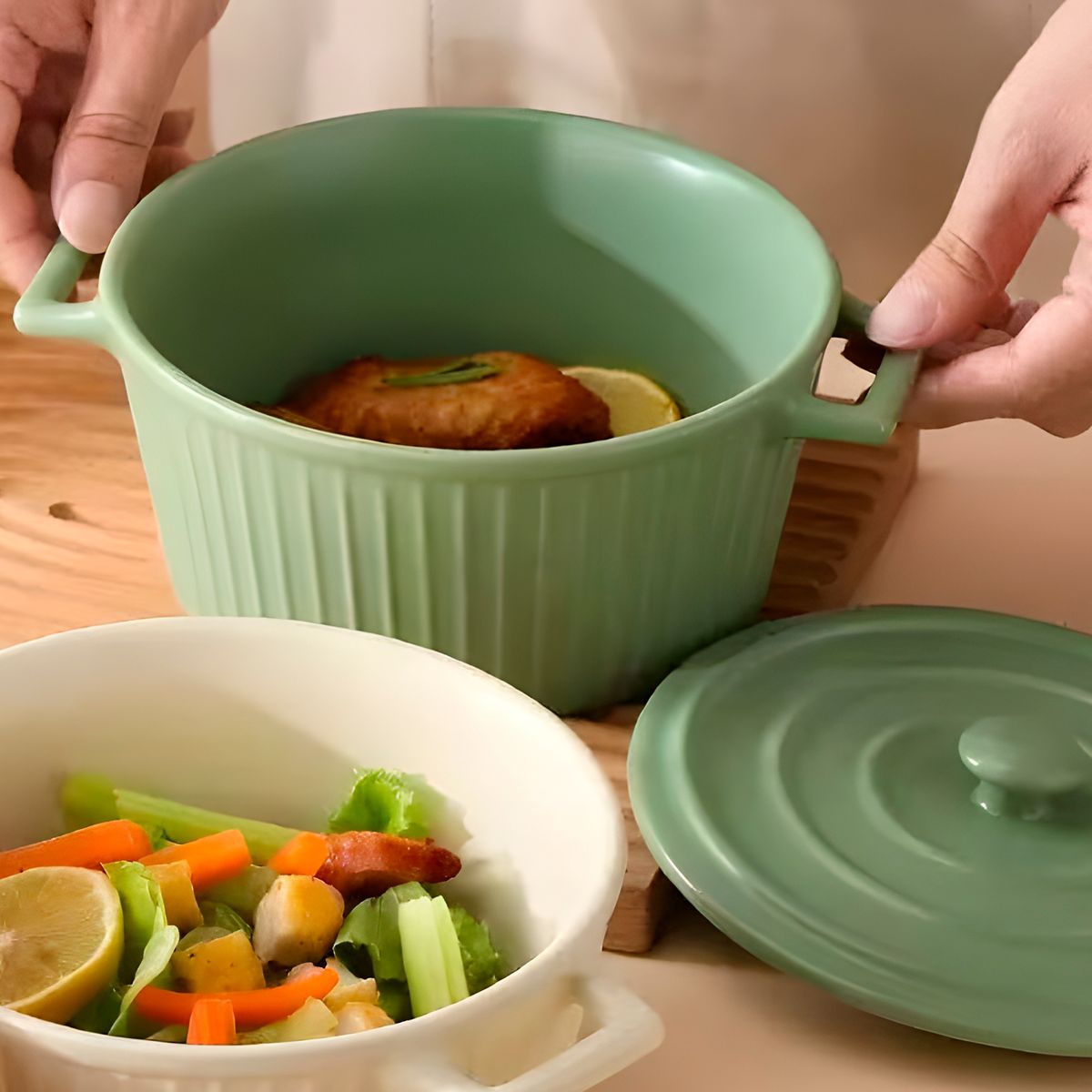 GENERICO - Cacerola Cuenco Olla Cerámica 21x95 Cm Tapa Cocina Color Crema