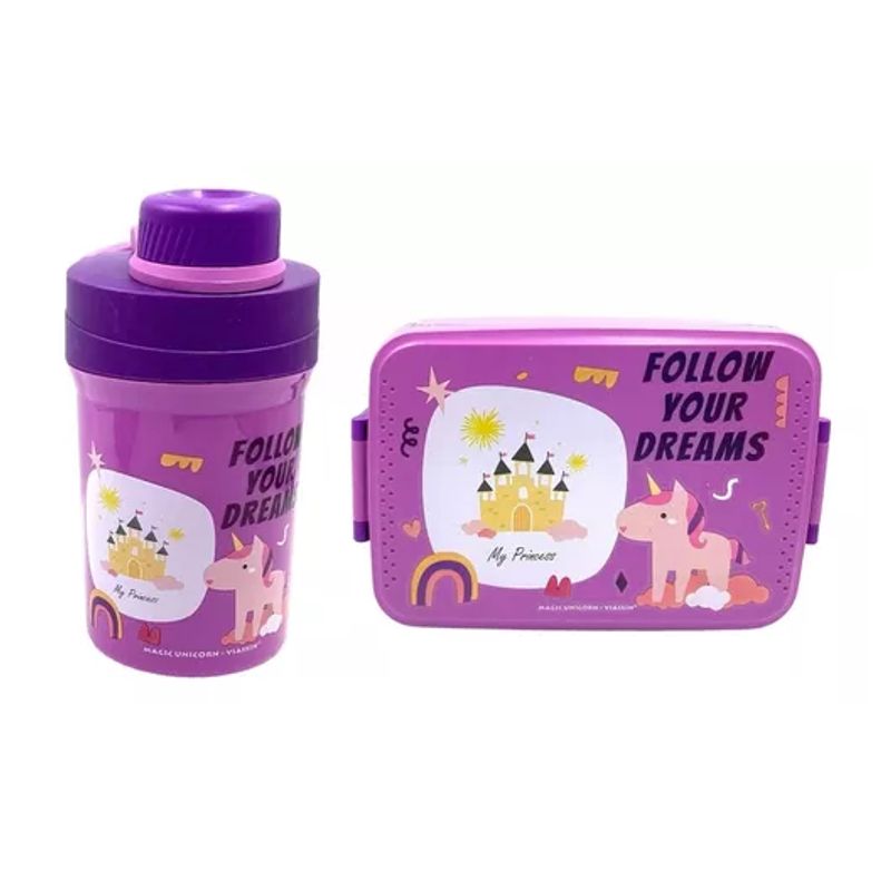 GENERICO - Set de lonchera fiambrera y botella para niños diseño infantil color violeta