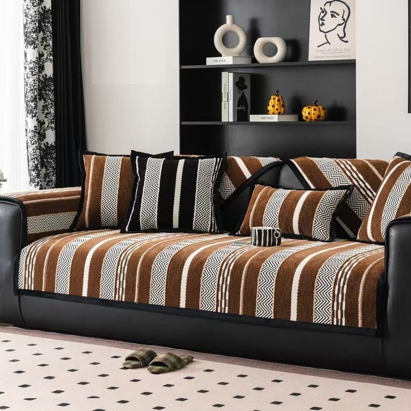 GENERICO - Funda Sofa Teng Fei Mat Kit 3 Fundas CAFE Diseño LinEas Zigzag Agregar TF