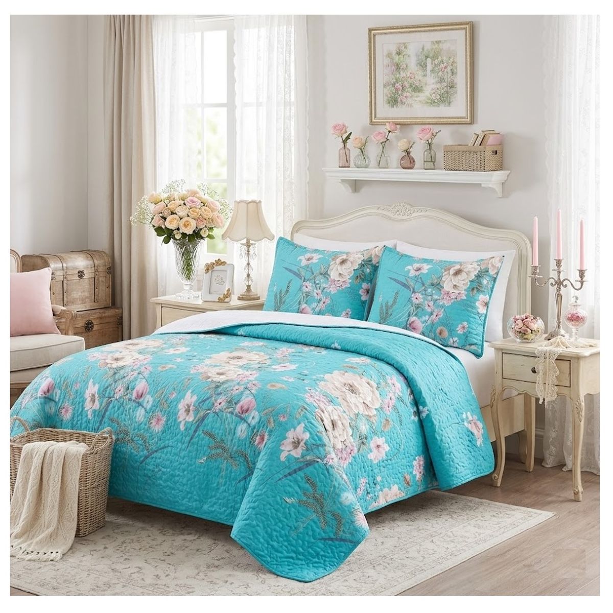 COMPRAPO - Cubrecama Quilt Sherpa King Mod Flores del Calipso Fundas 50x70 Cm