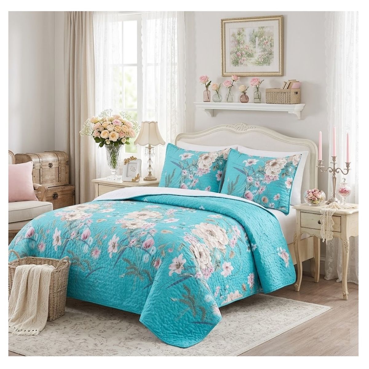 COMPRAPO - Cubrecama Quilt Sherpa King Mod Flores del Calipso Fundas 50x70 Cm
