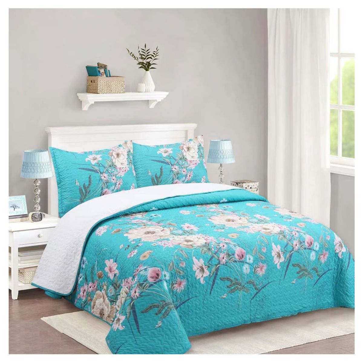 COMPRAPO - Cubrecama Quilt Sherpa King Mod Flores del Calipso Fundas 50x70 Cm
