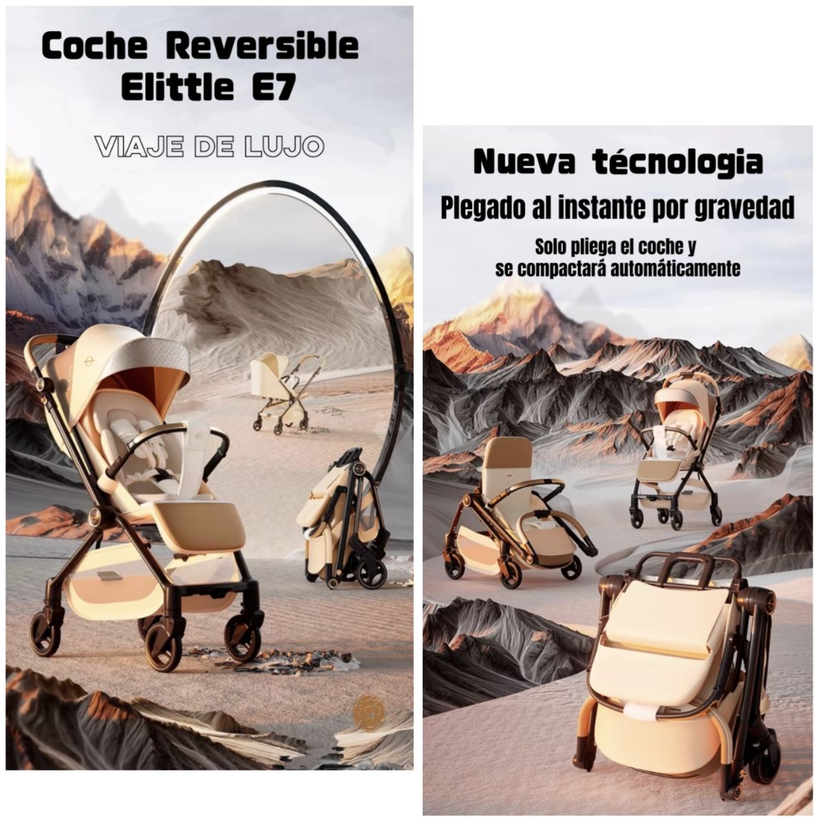 LUBABYCAS - Coche De Paseo Reversible Nueva Técnología Elittle E7 Dorado