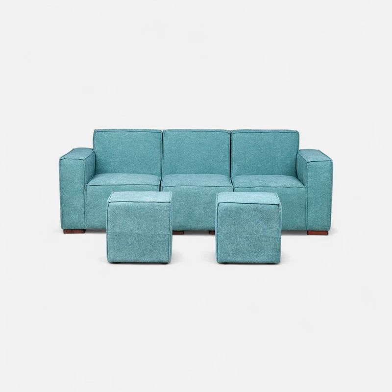 GENERICO - Sofá Modular Fortaleza 3 cuerpos y 2 Poufs - Tela Lino Finesse Verde Agua
