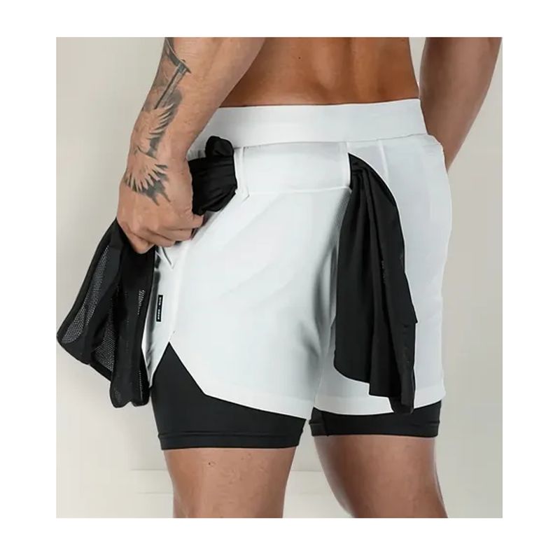 ROYAL - Short Doble Blanco Hombre Gym Deportivo Licra Bolsillo
