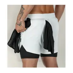 ROYAL - Short Doble Blanco Hombre Gym Deportivo Licra Bolsillo