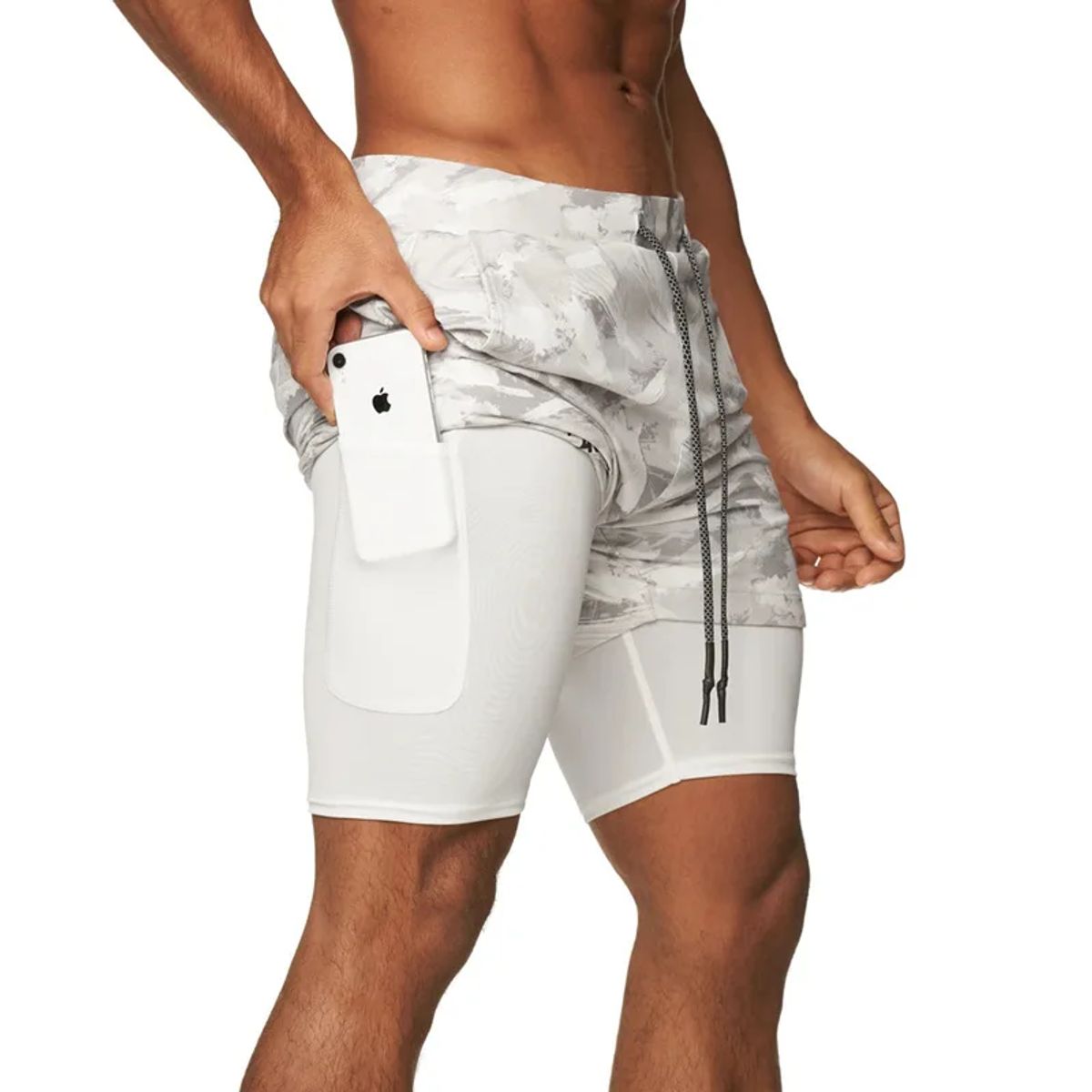 ROYAL - Short doble Camuflaje Blanco Hombre Gym Deportivo Licra Bolsillo gris