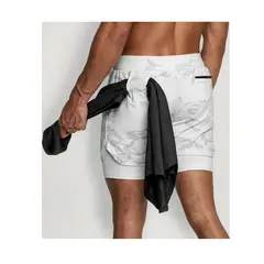 ROYAL - Short doble Camuflaje Blanco Hombre Gym Deportivo Licra Bolsillo gris