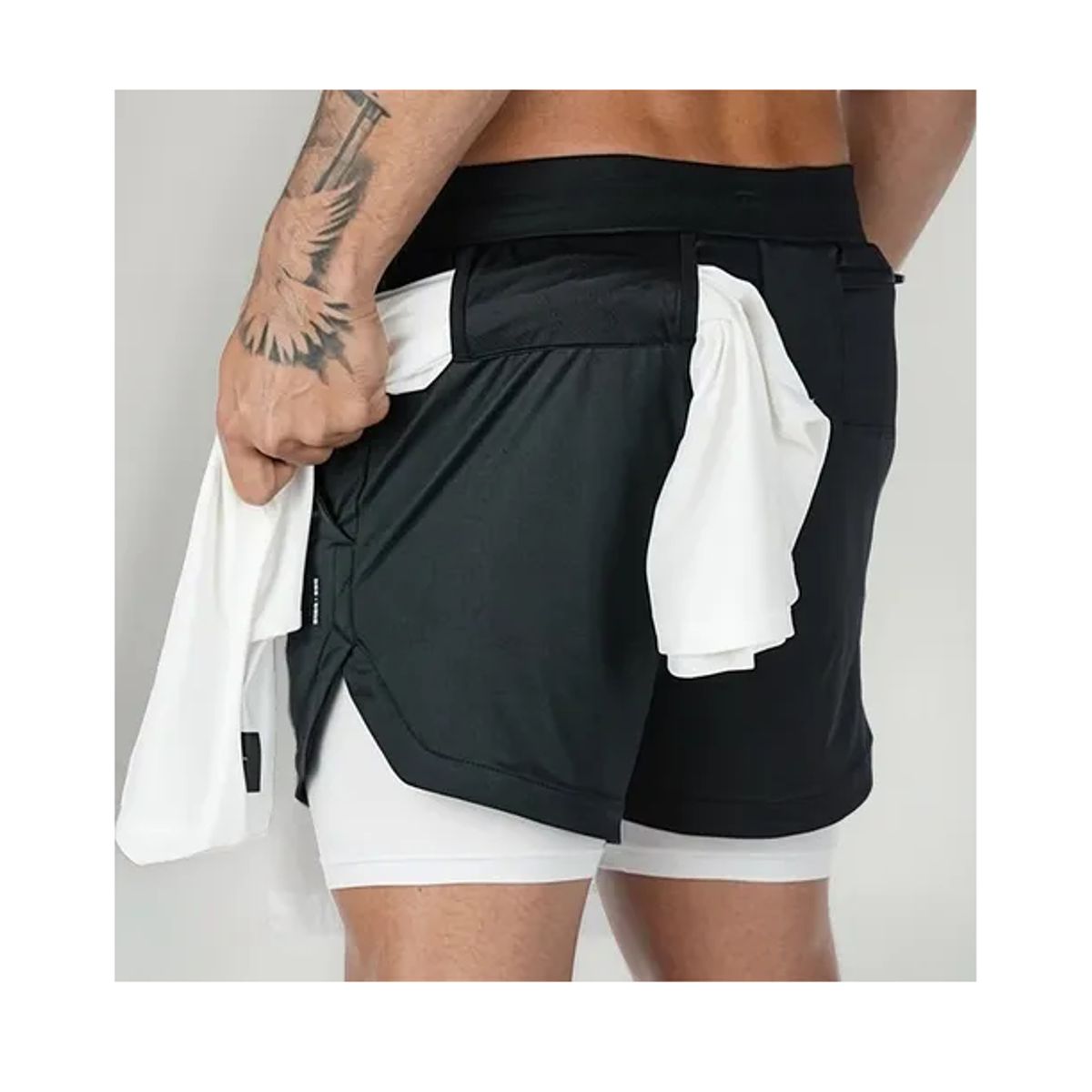 ROYAL - Short doble Negro Hombre Gym Deportivo Licra Bolsillo gris