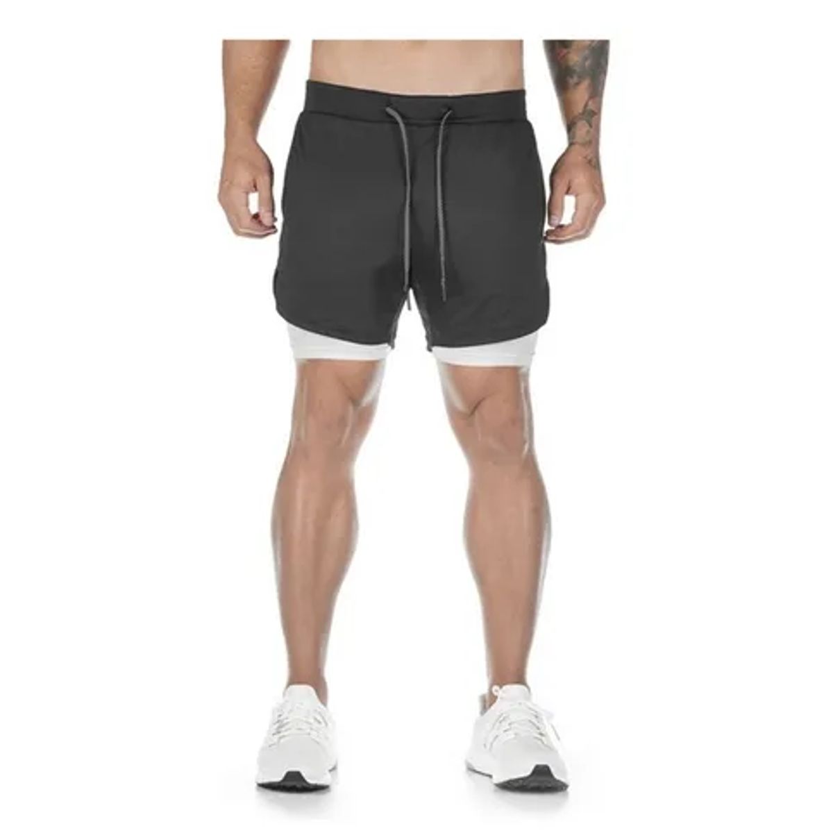 ROYAL - Short doble Negro Hombre Gym Deportivo Licra Bolsillo gris