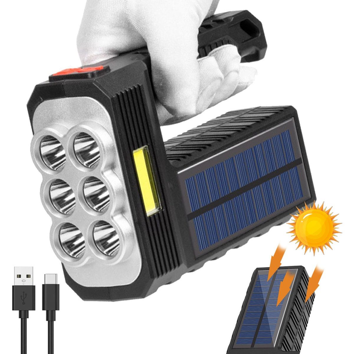 EDWINAYY - Lámpara Táctica 1200lm 6 Led+cob Recargable Solar Usb