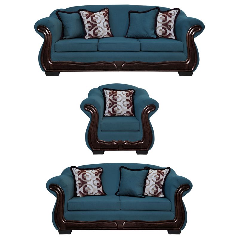 AMERICA DECORA - Living Con Resorte Estructural 8 Personas Búfalo 4+3+1 Chenille Azul Petróleo