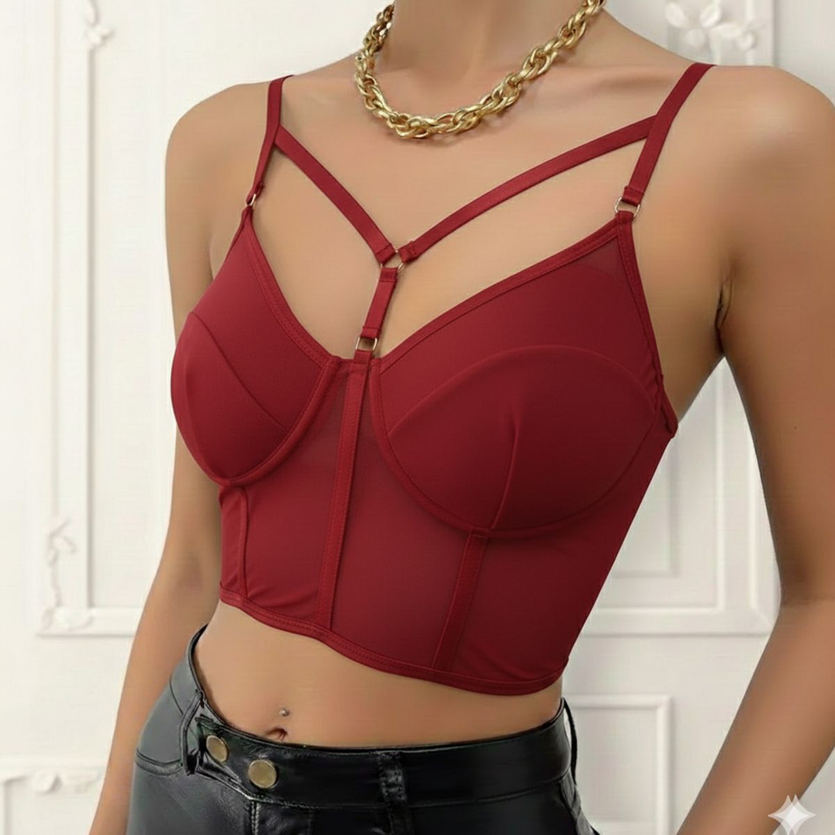 GARSIL - Peto Crops Top Corto Para Mujer Tela Malla Con Broches Y Tirante