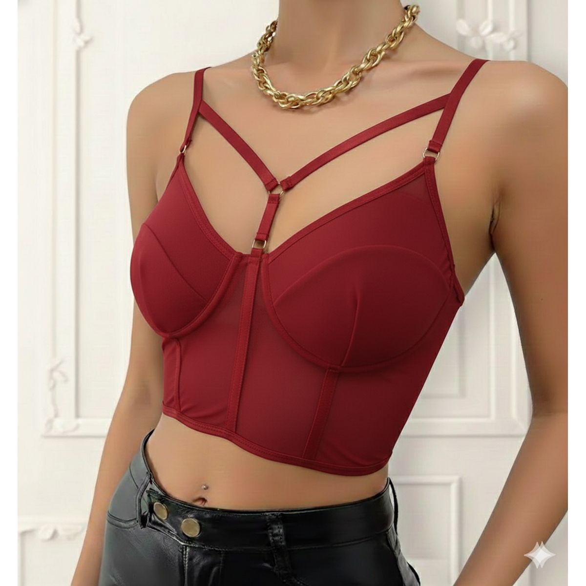 GARSIL - Peto Crops Top Corto Para Mujer Tela Malla Con Broches Y Tirante