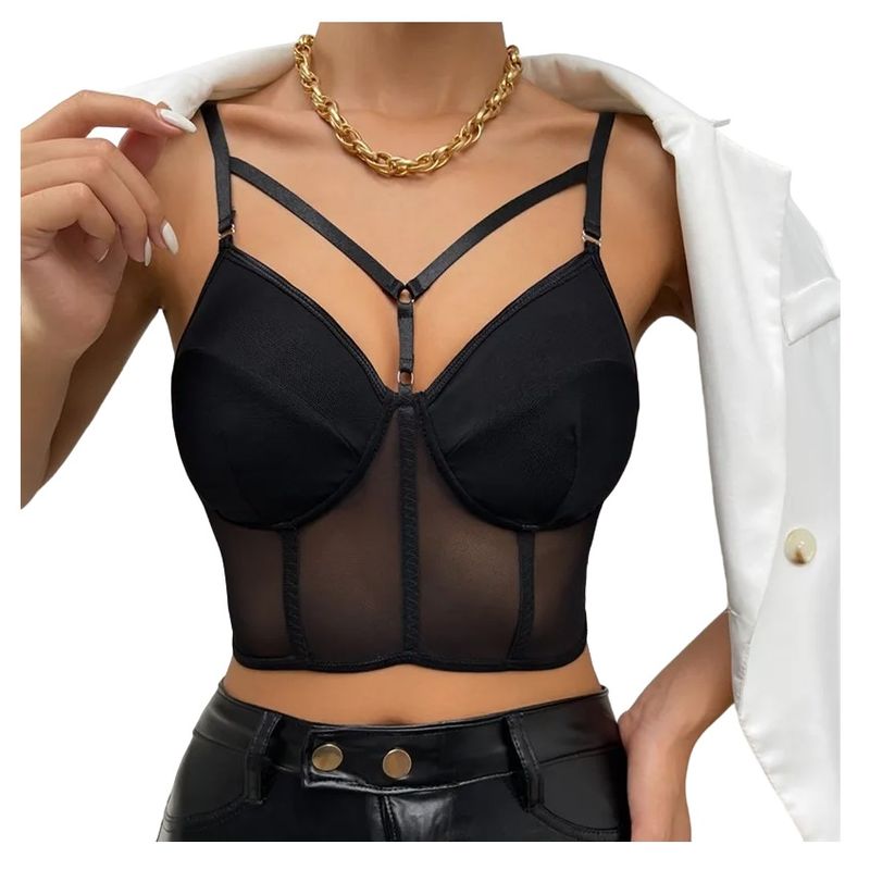 GARSIL - Peto Crops Top Corto Para Mujer Tela Malla Con Broches Y Tirante