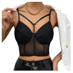 GARSIL - Peto Crops Top Corto Para Mujer Tela Malla Con Broches Y Tirante