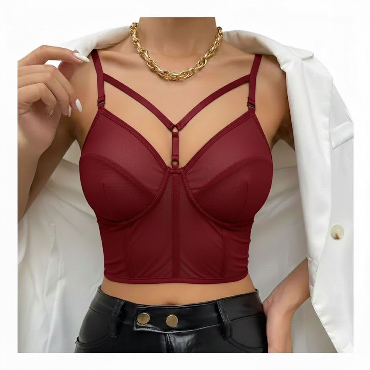 GARSIL - Peto Crops Top Corto Para Mujer Tela Malla Con Broches Y Tirante