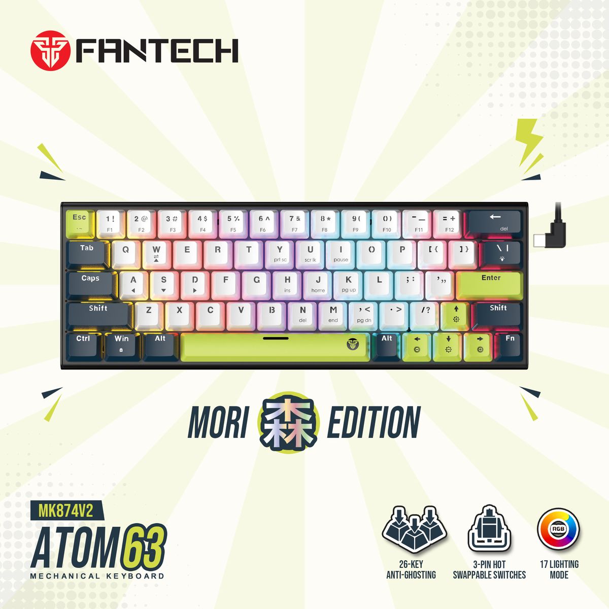 FANTECH - Teclado Fantech MK874V2 ATOM63 MORI White (Switch Blue)