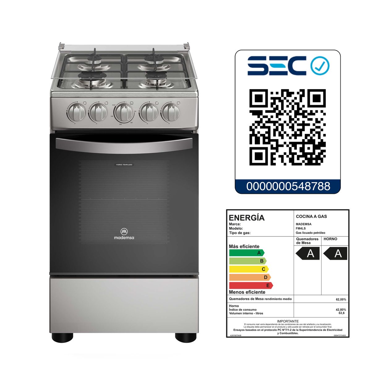 MADEMSA - Cocina a Gas 4 Platos LimpiaFácil y Parrillas Alambrón FM4LS