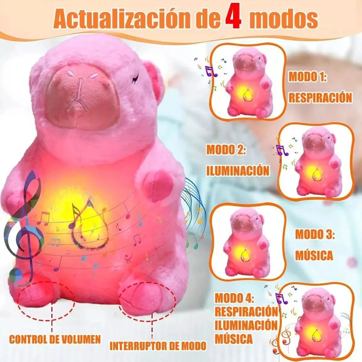 GENERICO - Capibara Peluche Que Respira Para Dormir Con Luz Y Sonido