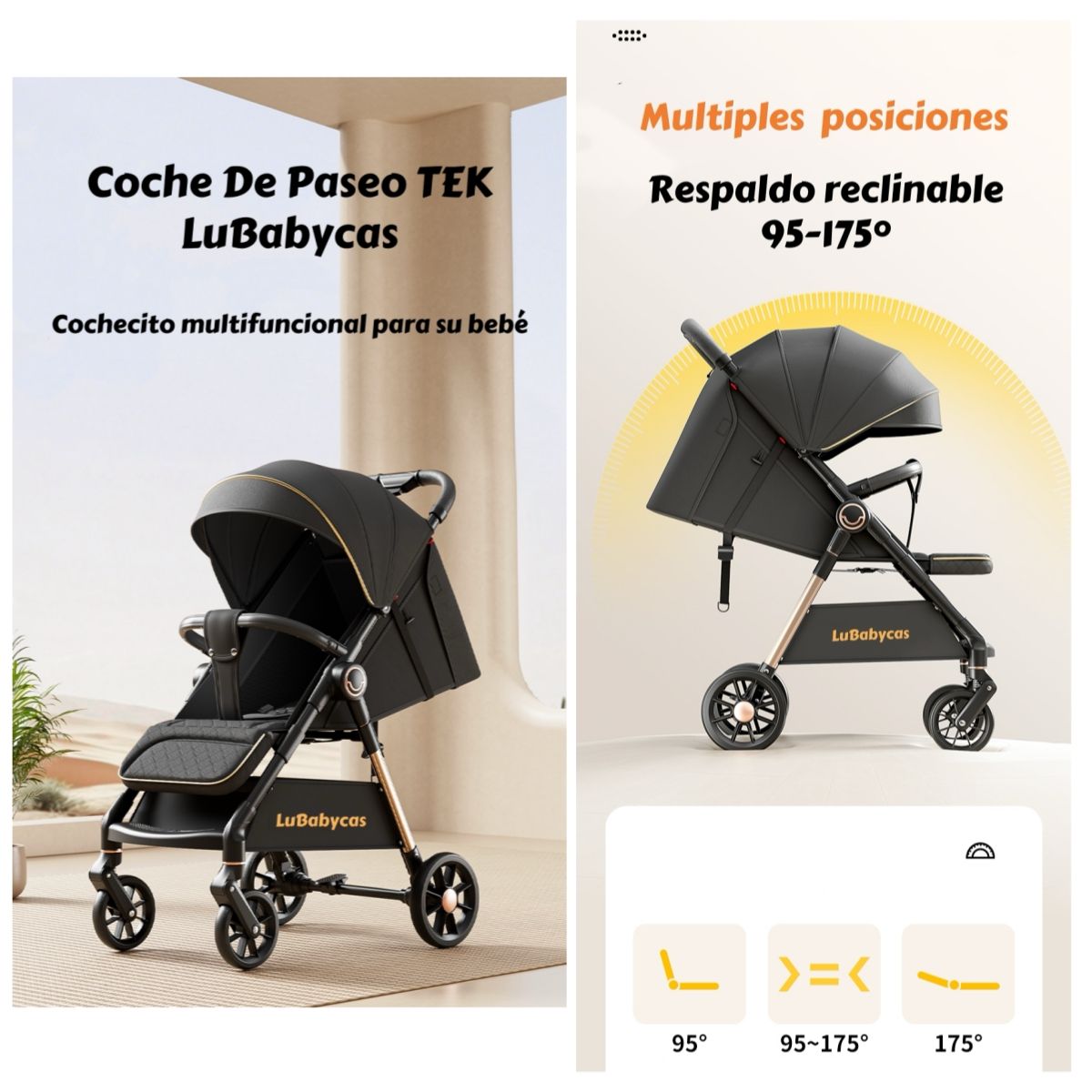 LUBABYCAS - Coche De Paseo Últra Resistente 25kg Tek Negro LuBabycas