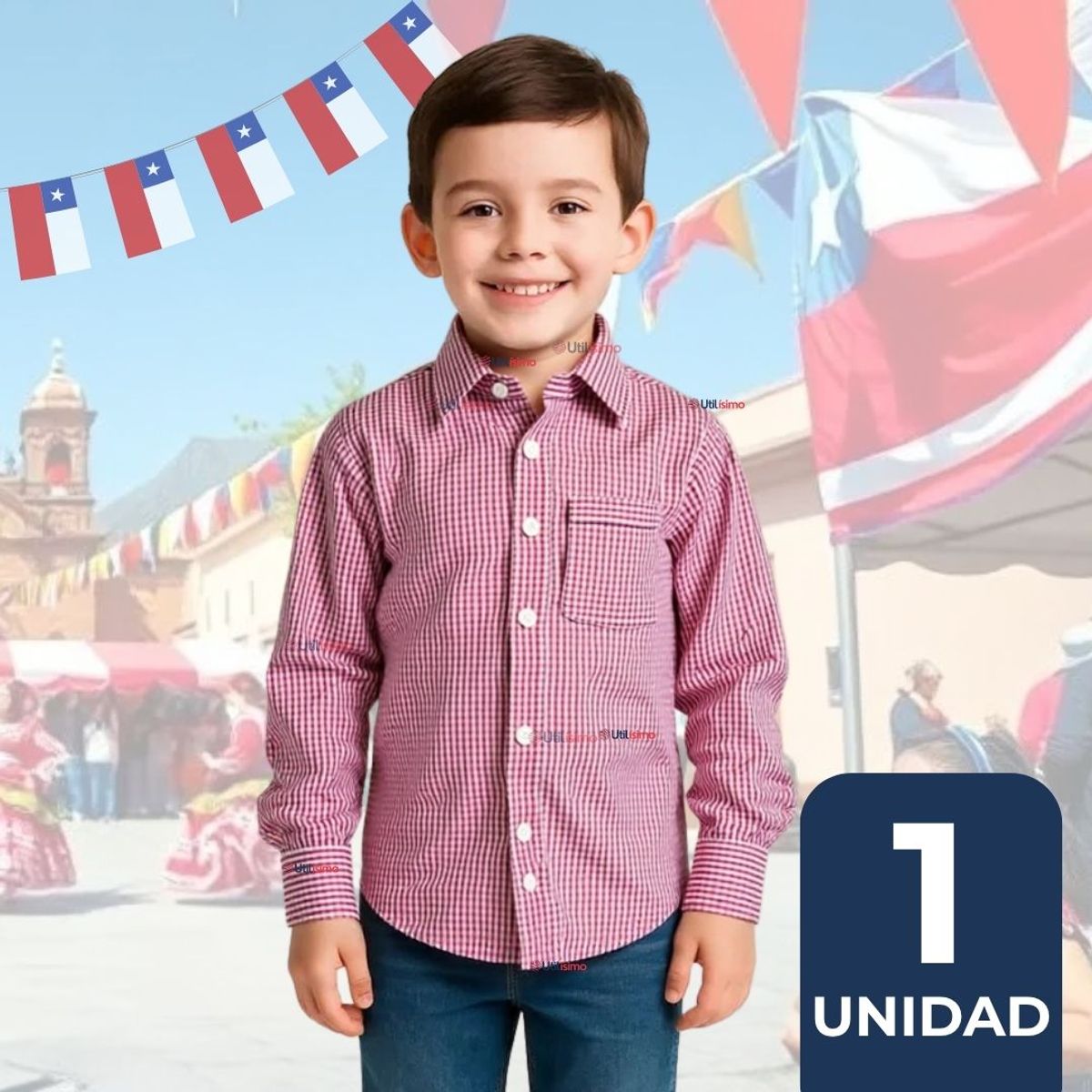 UTILISIMO - Camisa Huaso Cuadrillé Algodón Niño Juvenil Color Rojo